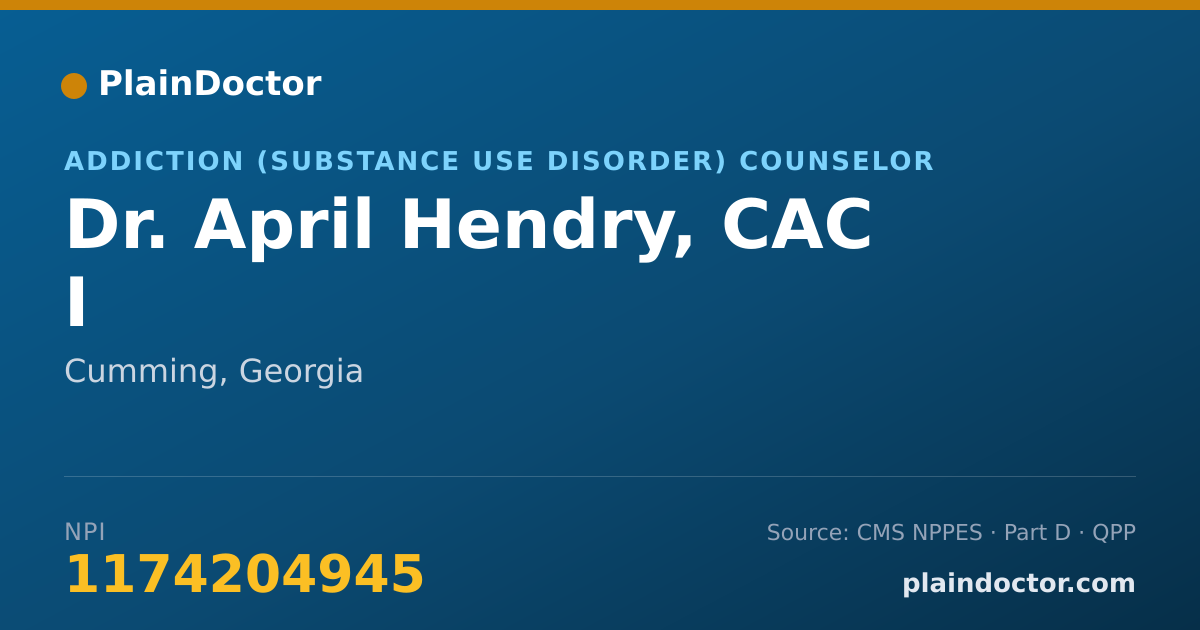 Shareable card for April Hendry, CAC I - Addiction (Substance Use Disorder) Counselor, Cumming, GA