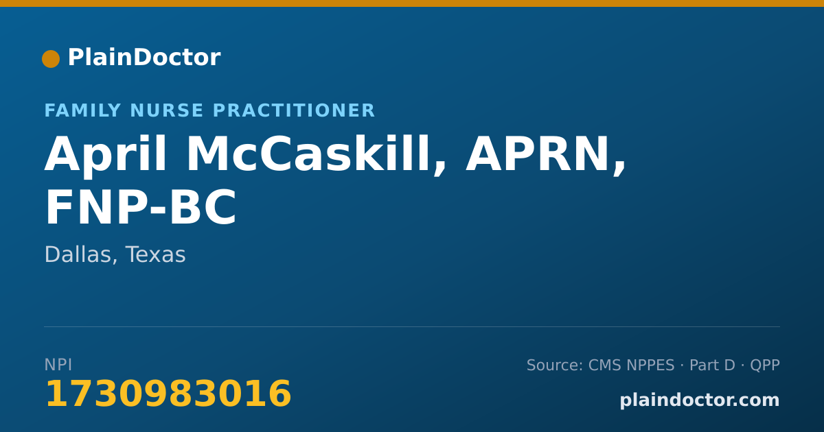 Shareable card for April McCaskill, APRN, FNP-BC - Family Nurse Practitioner, Dallas, TX