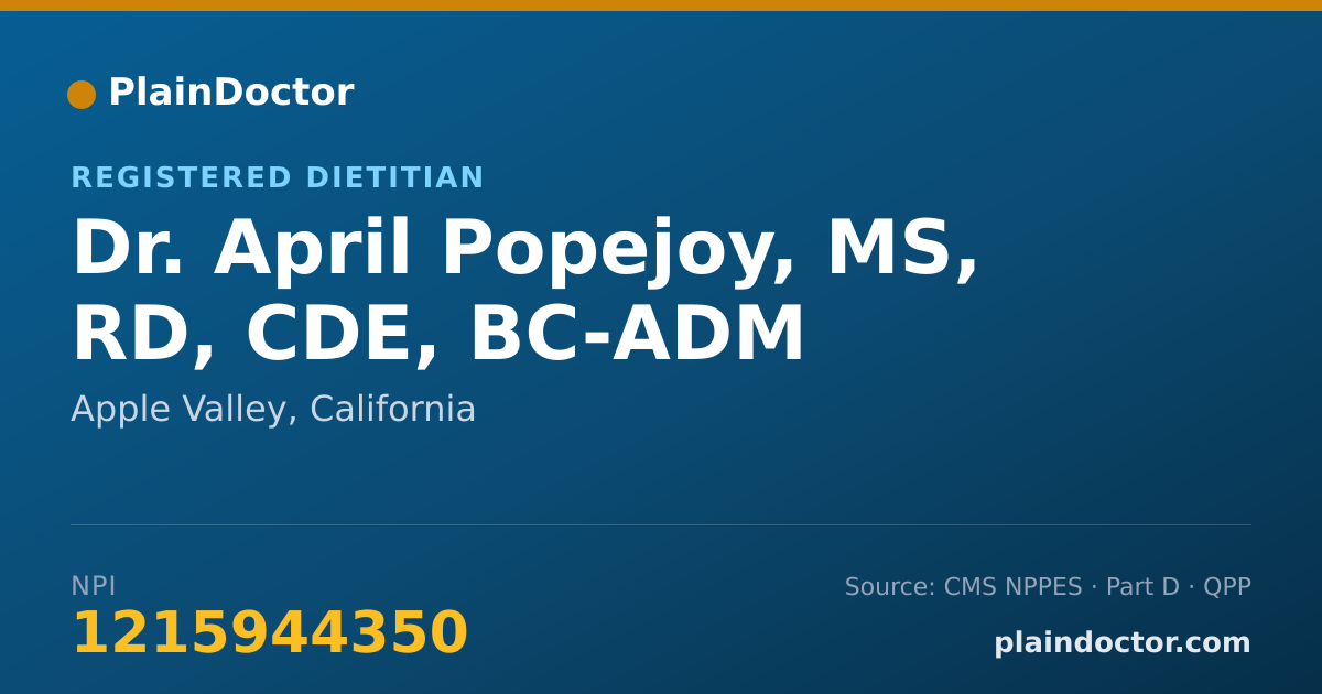 Shareable card for April Popejoy, MS, RD, CDE, BC-ADM - Registered Dietitian, Apple Valley, CA