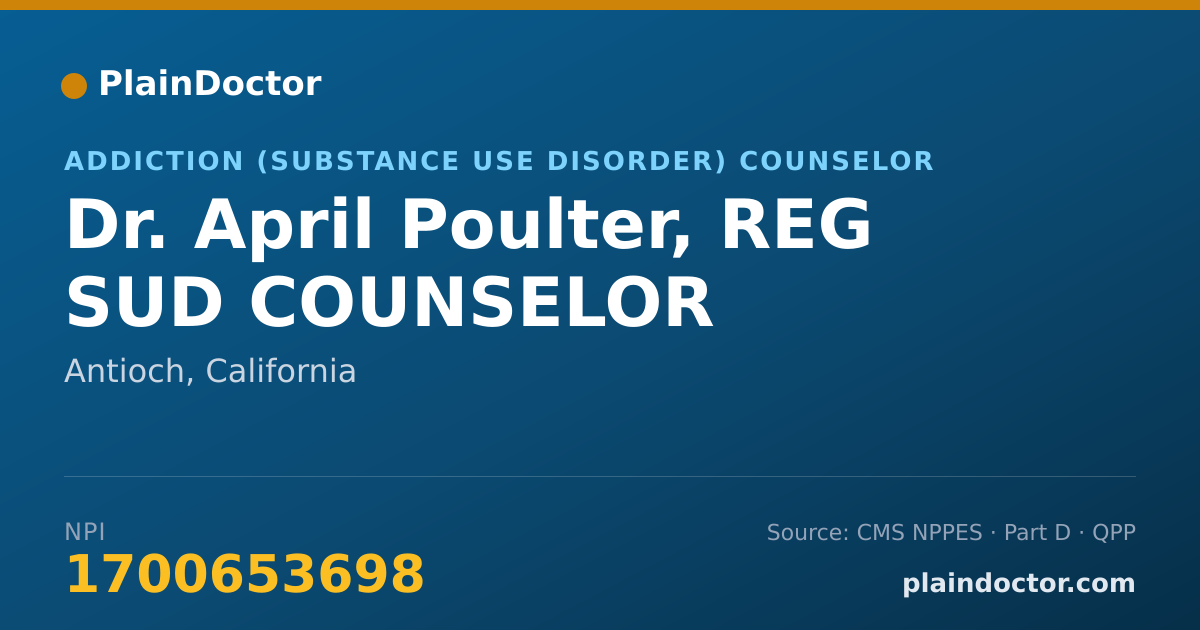 Shareable card for April Poulter, REG SUD COUNSELOR - Addiction (Substance Use Disorder) Counselor, Antioch, CA