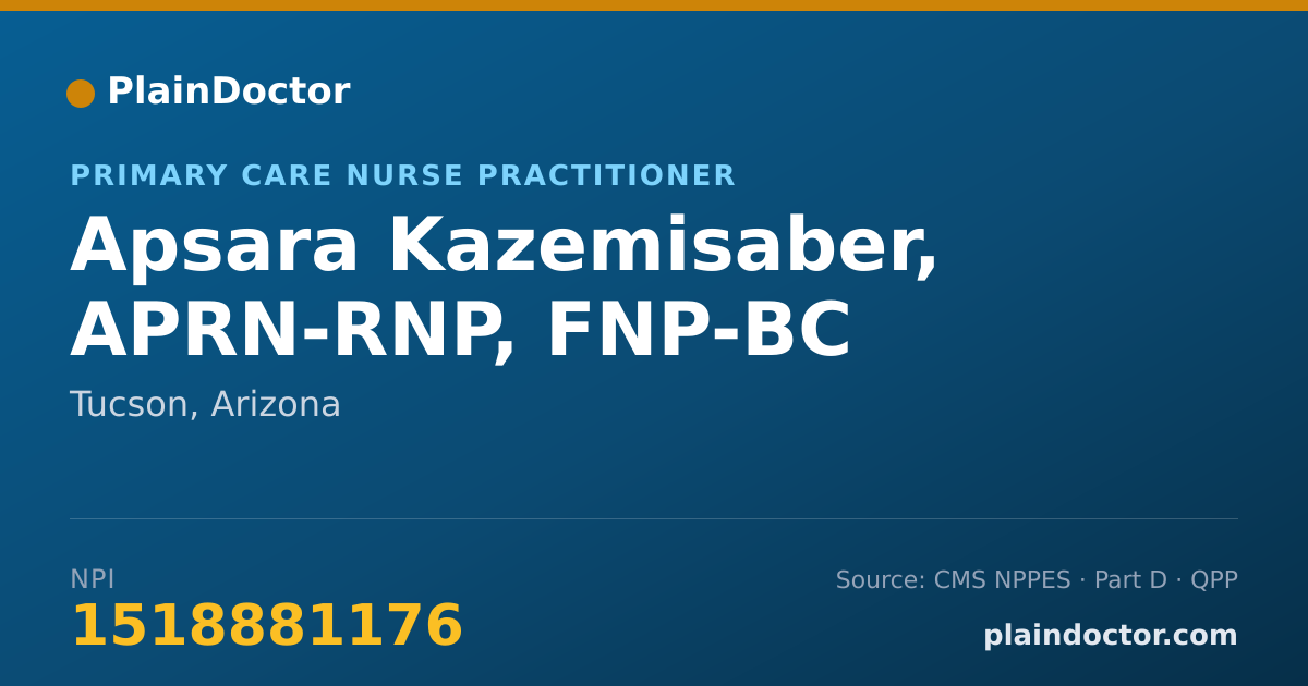 Shareable card for Apsara Kazemisaber, APRN-RNP, FNP-BC - Primary Care Nurse Practitioner, Tucson, AZ