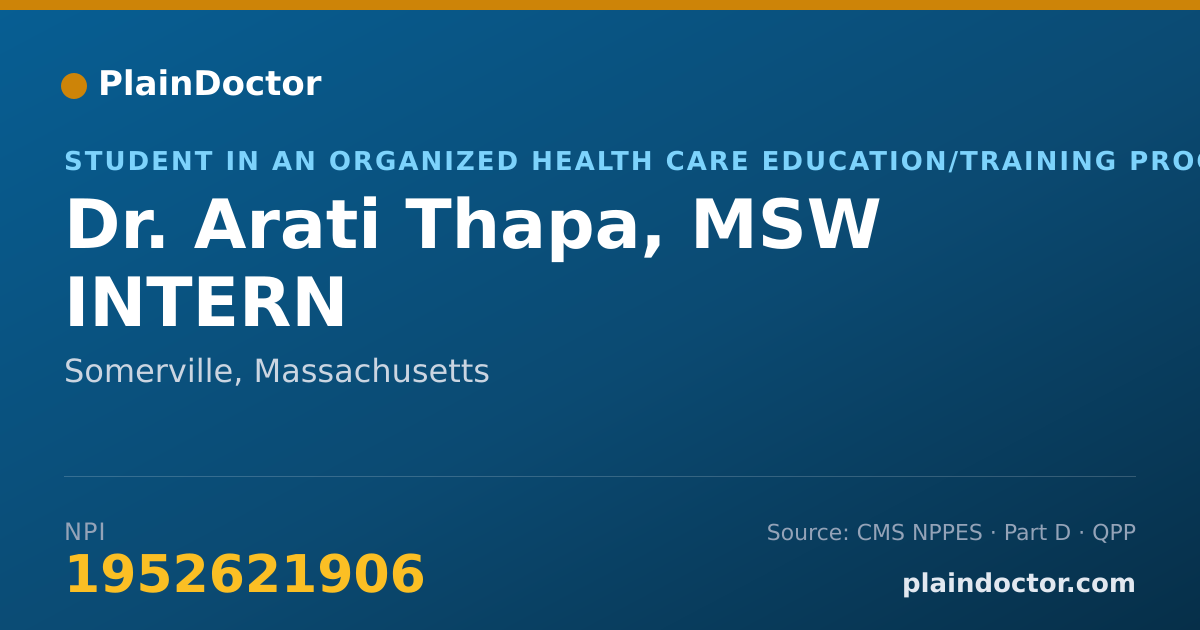 Shareable card for Arati Thapa, MSW INTERN - Student in an Organized Health Care Education/Training Program, Somerville, MA
