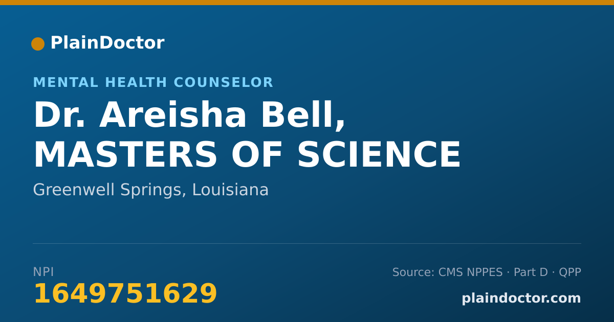 Shareable card for Areisha Bell, MASTERS OF SCIENCE - Mental Health Counselor, Greenwell Springs, LA