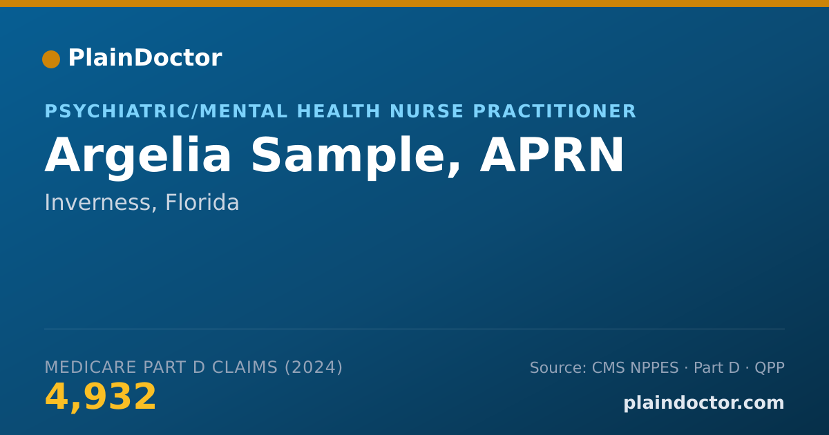 Shareable card for Argelia Sample, APRN - Psychiatric/Mental Health Nurse Practitioner, Inverness, FL
