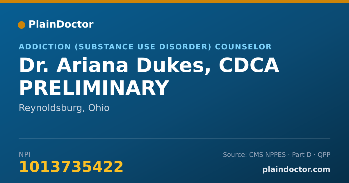 Shareable card for Ariana Dukes, CDCA PRELIMINARY - Addiction (Substance Use Disorder) Counselor, Reynoldsburg, OH