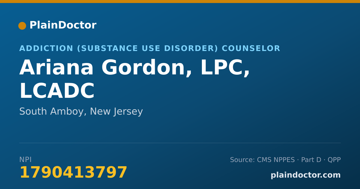 Shareable card for Ariana Gordon, LPC, LCADC - Addiction (Substance Use Disorder) Counselor, South Amboy, NJ
