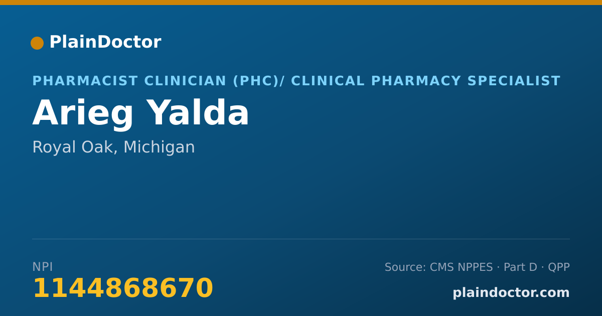 Shareable card for Arieg Yalda - Pharmacist Clinician (PhC)/ Clinical Pharmacy Specialist, Royal Oak, MI