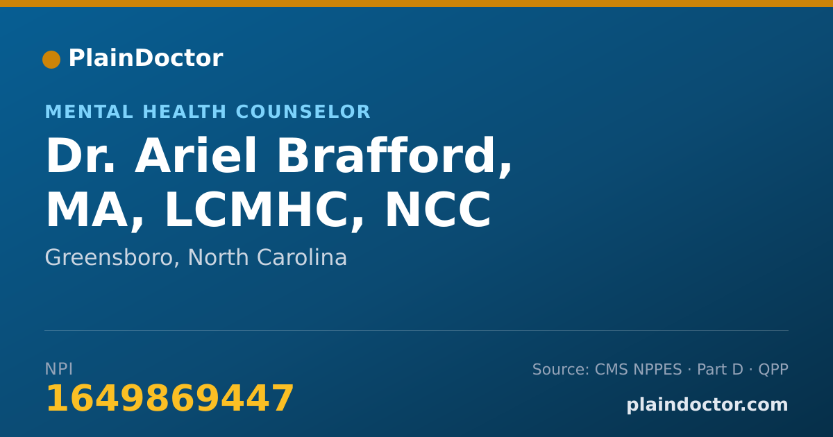Shareable card for Ariel Brafford, MA, LCMHC, NCC - Mental Health Counselor, Greensboro, NC