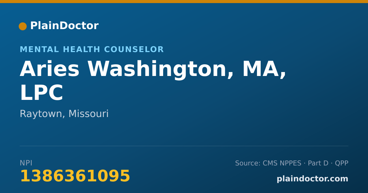 Shareable card for Aries Washington, MA, LPC - Mental Health Counselor, Raytown, MO