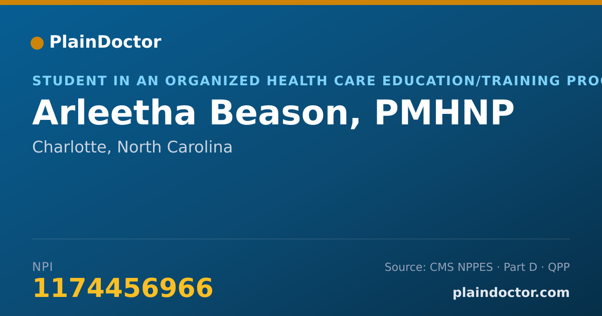 Shareable card for Arleetha Beason, PMHNP - Student in an Organized Health Care Education/Training Program, Charlotte, NC