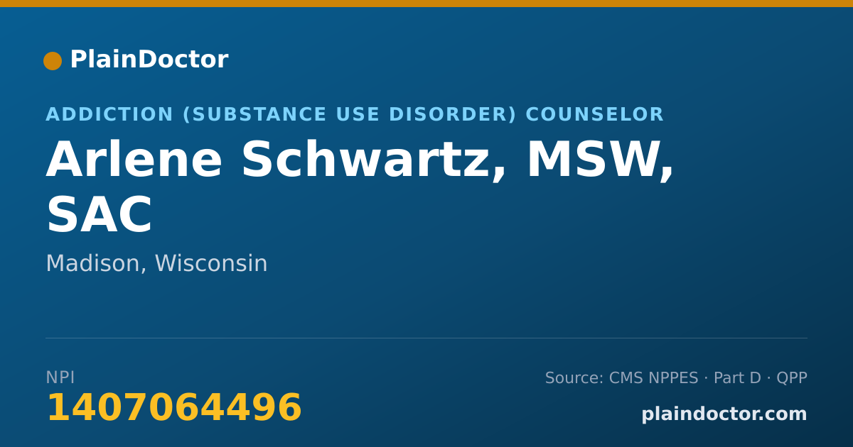 Shareable card for Arlene Schwartz, MSW, SAC - Addiction (Substance Use Disorder) Counselor, Madison, WI