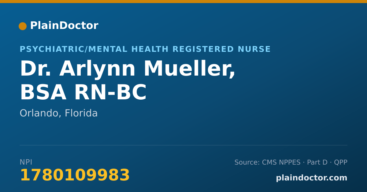 Shareable card for Arlynn Mueller, BSA RN-BC - Psychiatric/Mental Health Registered Nurse, Orlando, FL