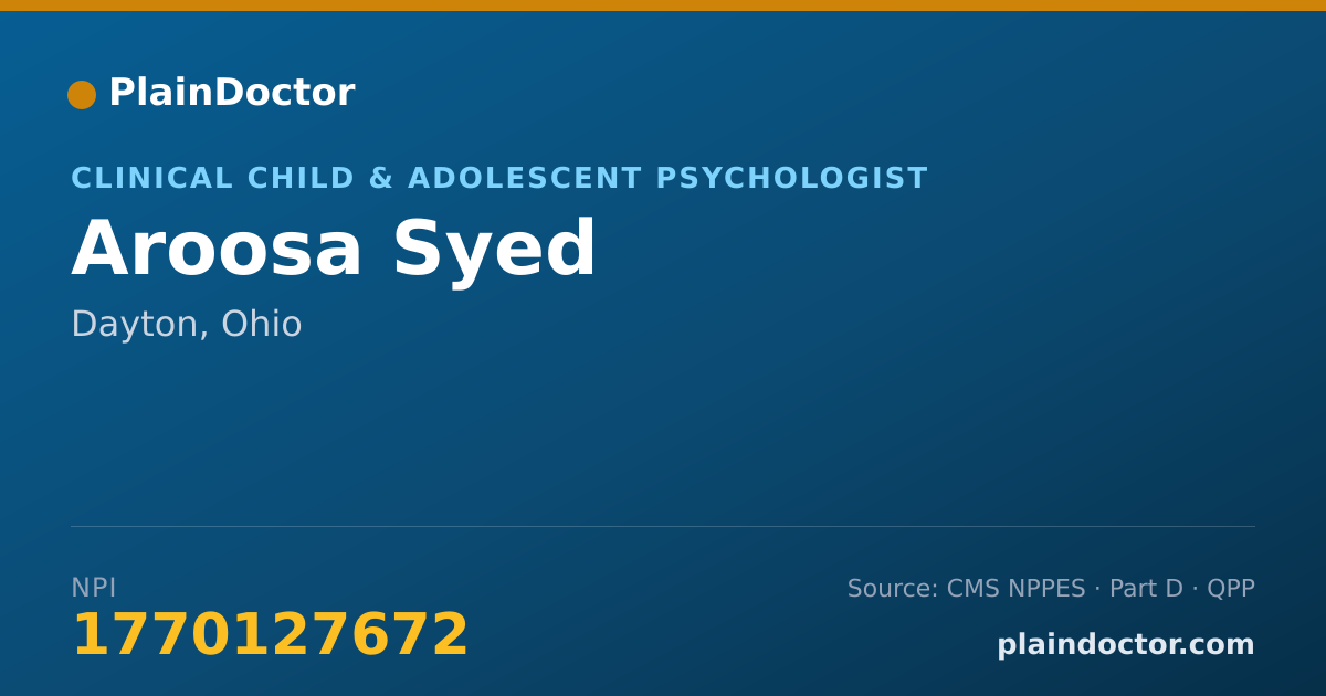 Shareable card for Aroosa Syed - Clinical Child & Adolescent Psychologist, Dayton, OH