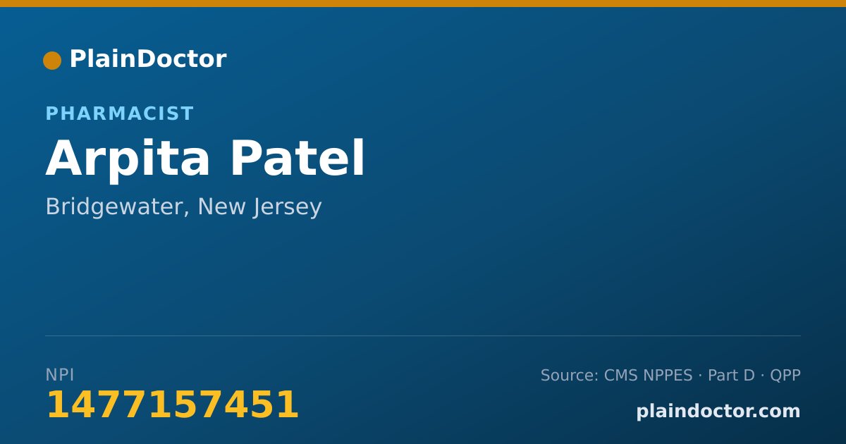 Shareable card for Arpita Patel - Pharmacist, Bridgewater, NJ