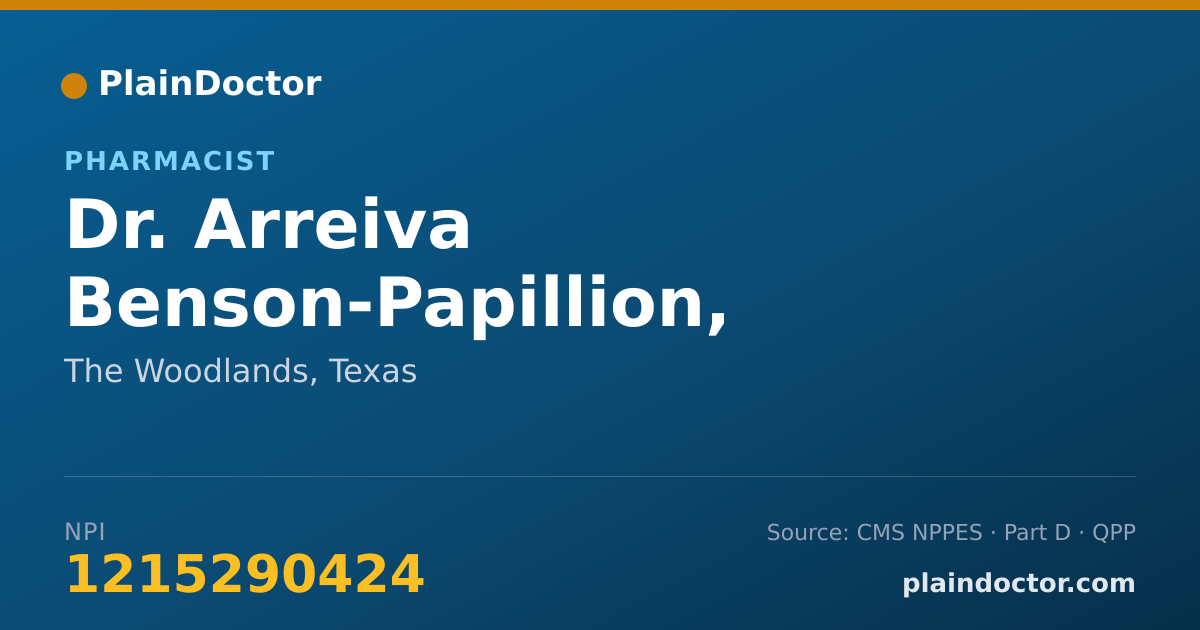 Shareable card for Arreiva Benson-Papillion, PHARMD - Pharmacist, The Woodlands, TX