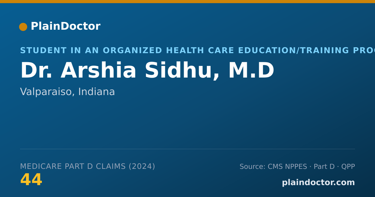 Shareable card for Arshia Sidhu, M.D - Student in an Organized Health Care Education/Training Program, Valparaiso, IN