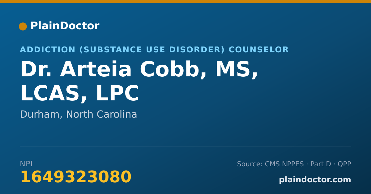 Shareable card for Arteia Cobb, MS, LCAS, LPC - Addiction (Substance Use Disorder) Counselor, Durham, NC