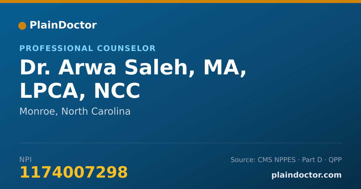 Shareable card for Arwa Saleh, MA, LPCA, NCC - Professional Counselor, Monroe, NC