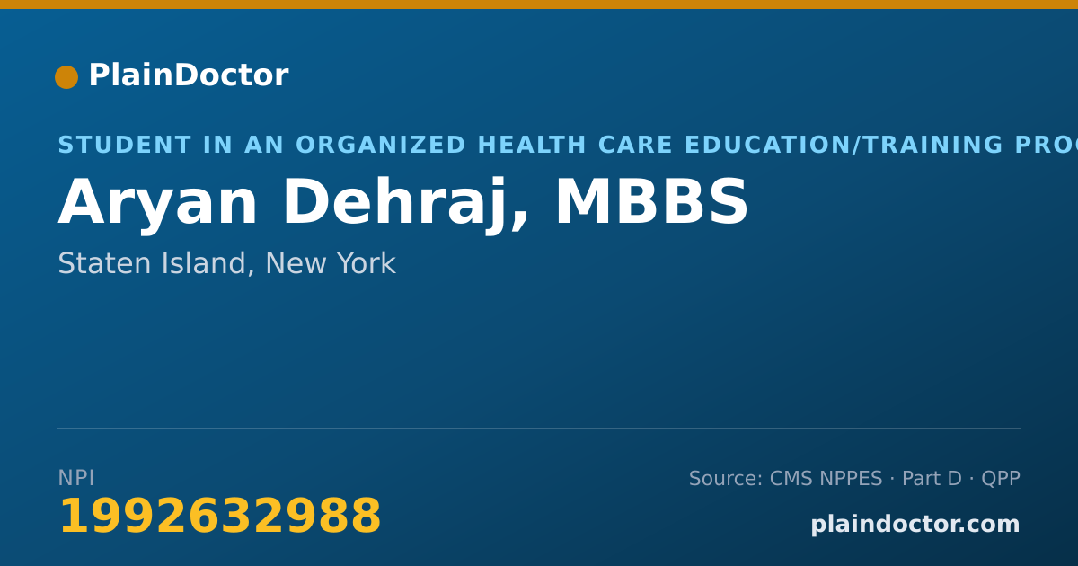 Shareable card for Aryan Dehraj, MBBS - Student in an Organized Health Care Education/Training Program, Staten Island, NY