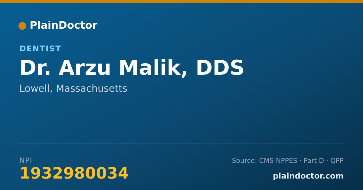 Shareable card for Arzu Malik, DDS - Dentist, Lowell, MA