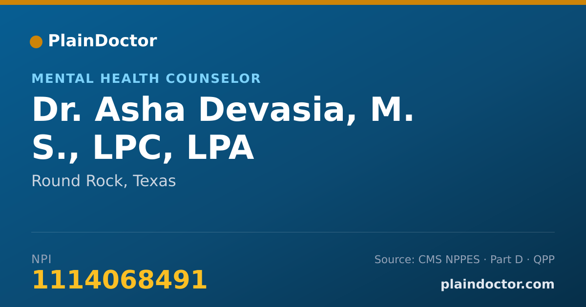 Shareable card for Asha Devasia, M. S., LPC, LPA - Mental Health Counselor, Round Rock, TX