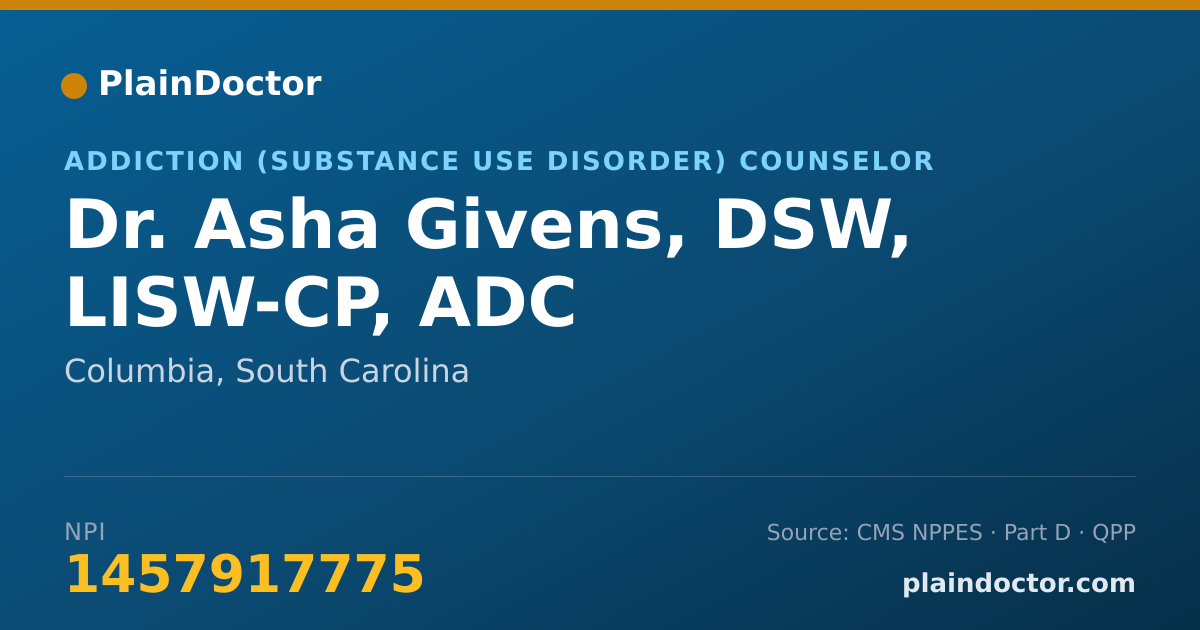 Shareable card for Asha Givens, DSW, LISW-CP, ADC - Addiction (Substance Use Disorder) Counselor, Columbia, SC