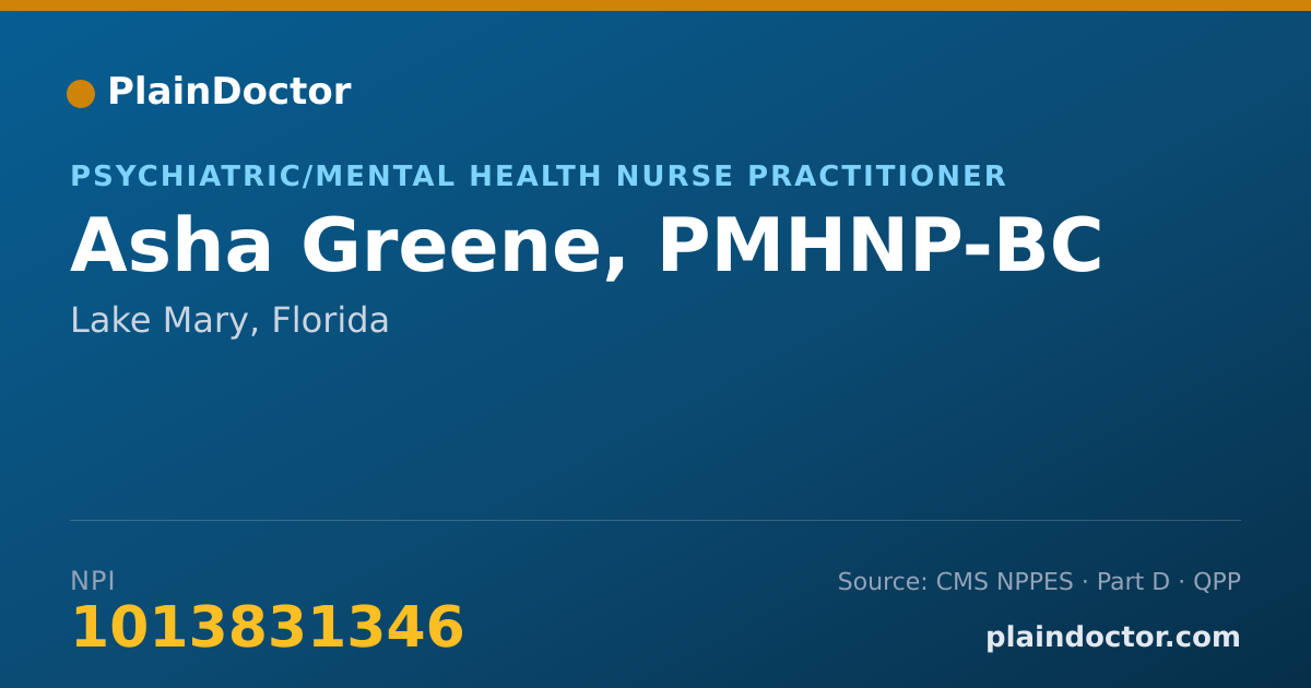 Shareable card for Asha Greene, PMHNP-BC - Psychiatric/Mental Health Nurse Practitioner, Lake Mary, FL