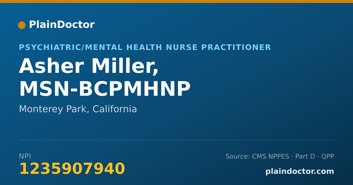 Shareable card for Asher Miller, MSN-BCPMHNP - Psychiatric/Mental Health Nurse Practitioner, Monterey Park, CA