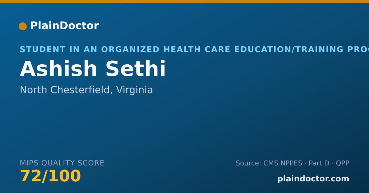 Shareable card for Ashish Sethi - Student in an Organized Health Care Education/Training Program, North Chesterfield, VA