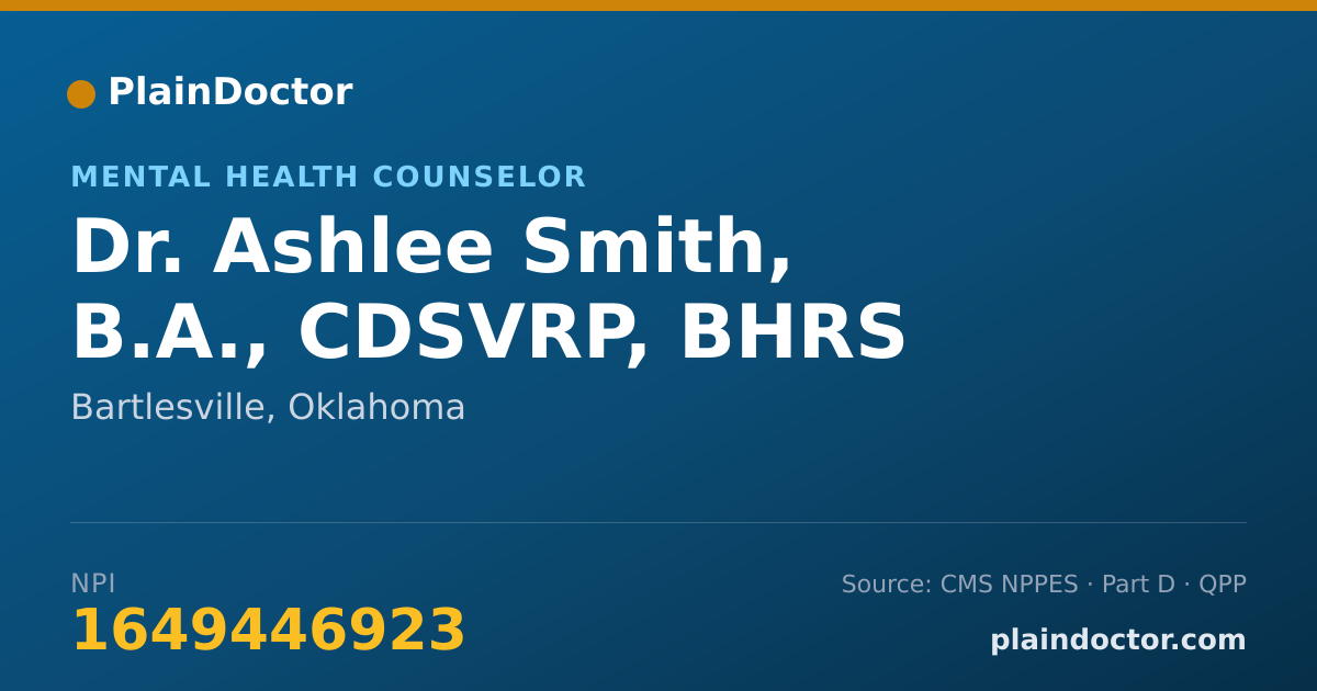 Shareable card for Ashlee Smith, B.A., CDSVRP, BHRS - Mental Health Counselor, Bartlesville, OK