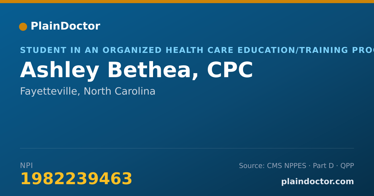 Shareable card for Ashley Bethea, CPC - Student in an Organized Health Care Education/Training Program, Fayetteville, NC