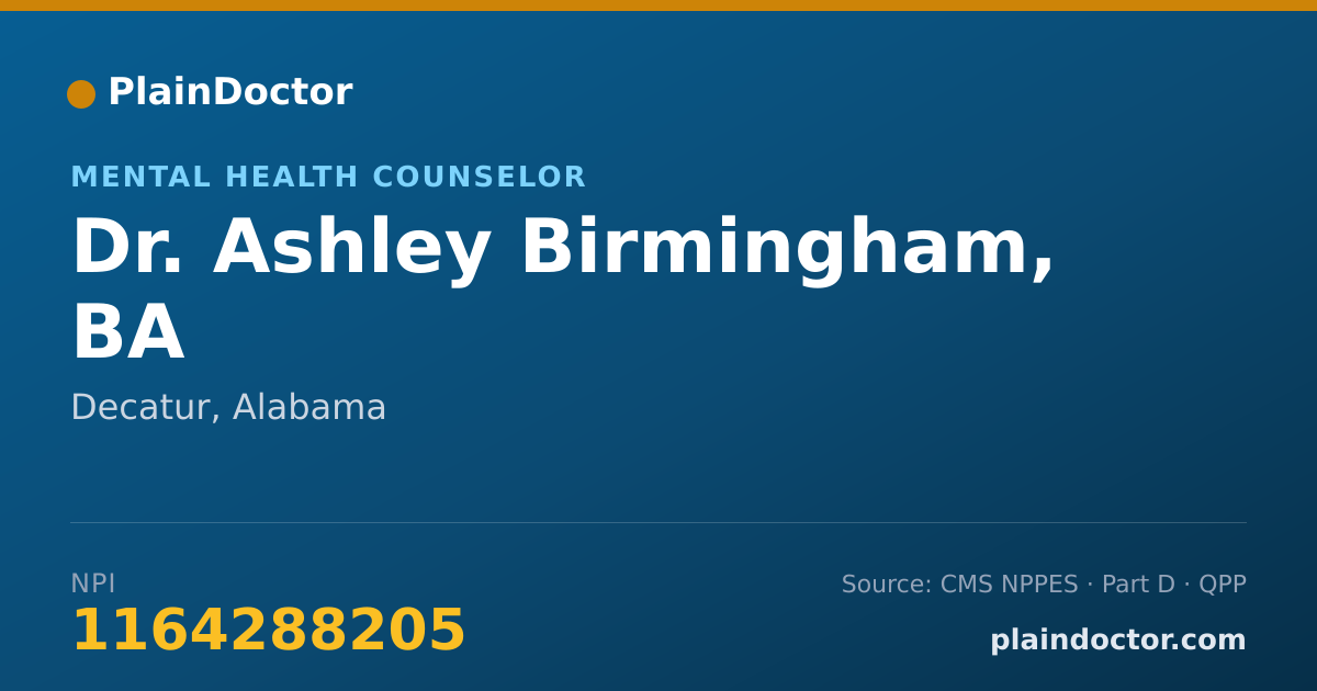 Shareable card for Ashley Birmingham, BA - Mental Health Counselor, Decatur, AL