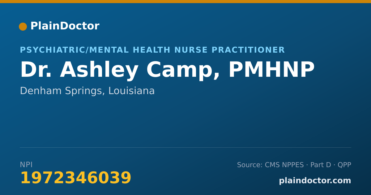 Shareable card for Ashley Camp, PMHNP - Psychiatric/Mental Health Nurse Practitioner, Denham Springs, LA