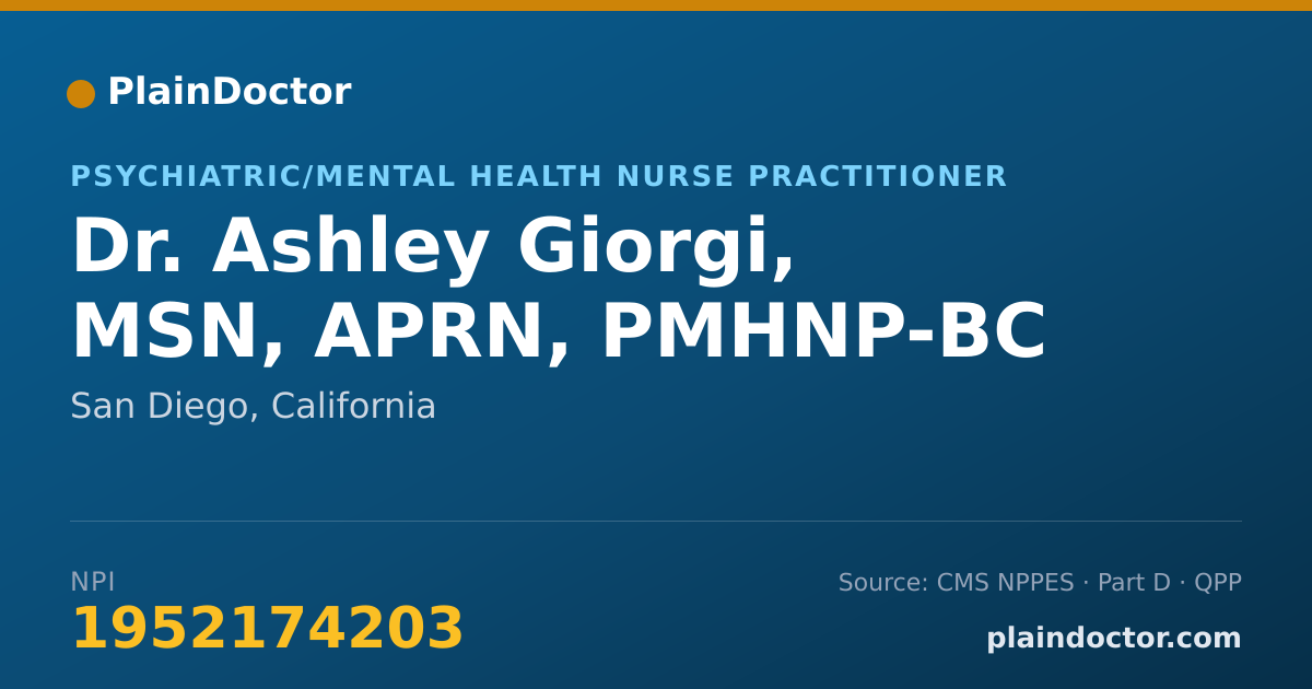 Shareable card for Ashley Giorgi, MSN, APRN, PMHNP-BC - Psychiatric/Mental Health Nurse Practitioner, San Diego, CA