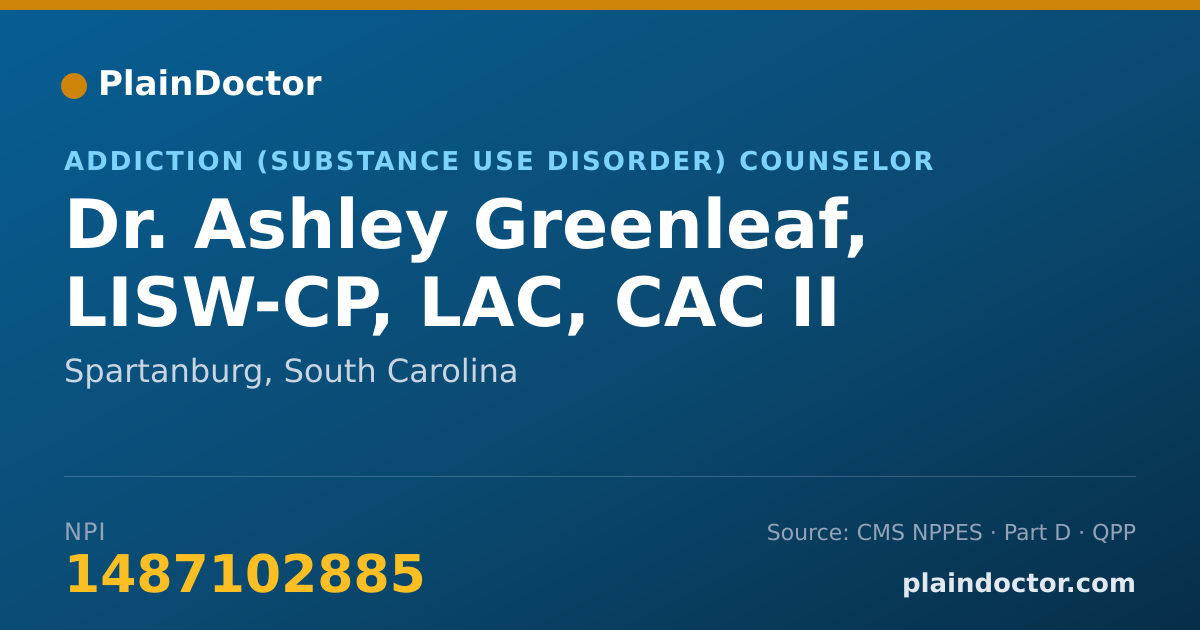 Shareable card for Ashley Greenleaf, LISW-CP, LAC, CAC II - Addiction (Substance Use Disorder) Counselor, Spartanburg, SC