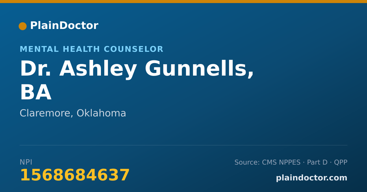 Shareable card for Ashley Gunnells, BA - Mental Health Counselor, Claremore, OK