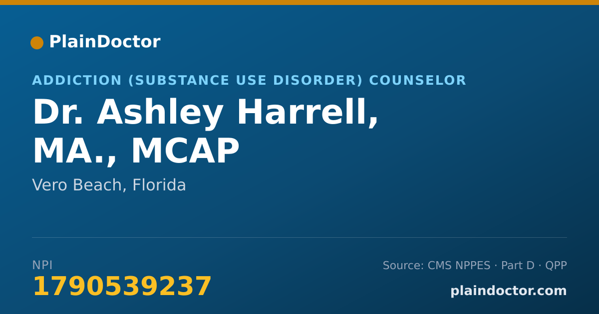 Shareable card for Ashley Harrell, MA., MCAP - Addiction (Substance Use Disorder) Counselor, Vero Beach, FL