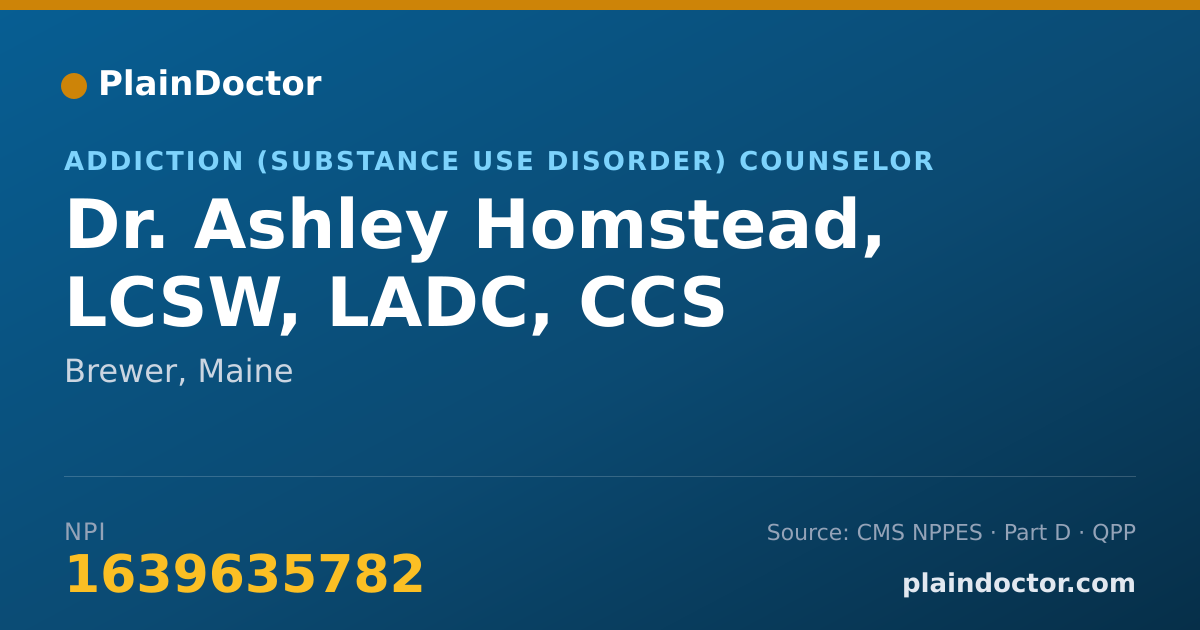 Shareable card for Ashley Homstead, LCSW, LADC, CCS - Addiction (Substance Use Disorder) Counselor, Brewer, ME