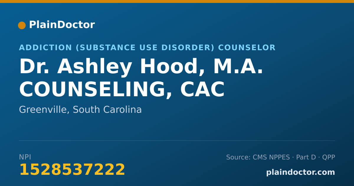 Shareable card for Ashley Hood, M.A. COUNSELING, CAC - Addiction (Substance Use Disorder) Counselor, Greenville, SC