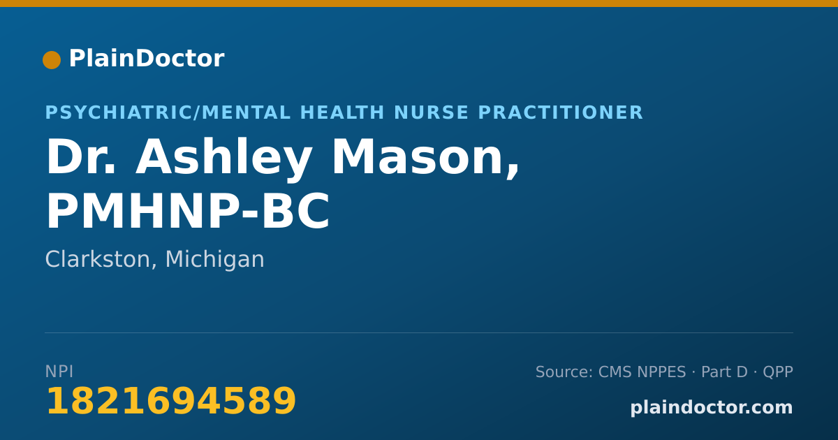 Shareable card for Ashley Mason, PMHNP-BC - Psychiatric/Mental Health Nurse Practitioner, Clarkston, MI