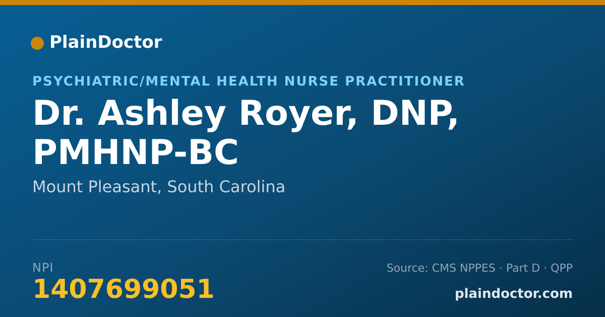 Shareable card for Ashley Royer, DNP, PMHNP-BC - Psychiatric/Mental Health Nurse Practitioner, Mount Pleasant, SC