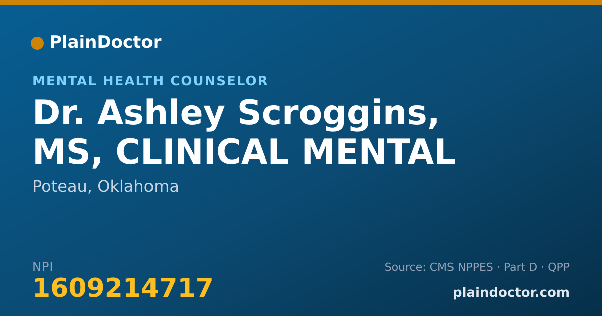 Shareable card for Ashley Scroggins, MS, CLINICAL MENTAL - Mental Health Counselor, Poteau, OK