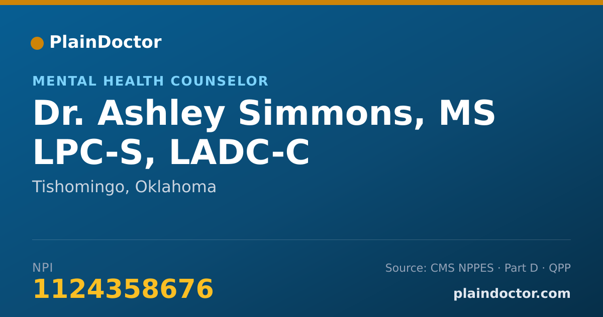 Shareable card for Ashley Simmons, MS LPC-S, LADC-C - Mental Health Counselor, Tishomingo, OK