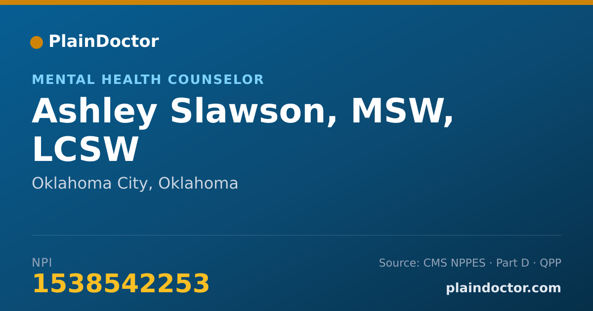 Shareable card for Ashley Slawson, MSW, LCSW - Mental Health Counselor, Oklahoma City, OK