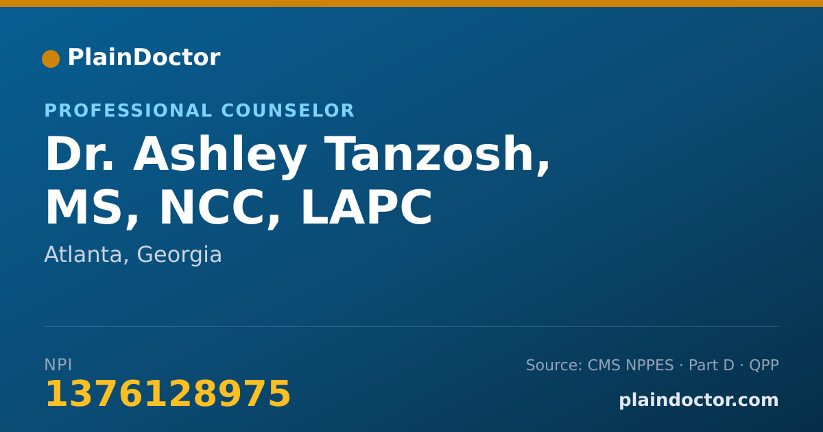 Shareable card for Ashley Tanzosh, MS, NCC, LAPC - Professional Counselor, Atlanta, GA