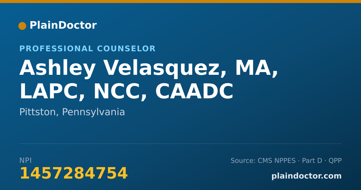 Shareable card for Ashley Velasquez, MA, LAPC, NCC, CAADC - Professional Counselor, Pittston, PA