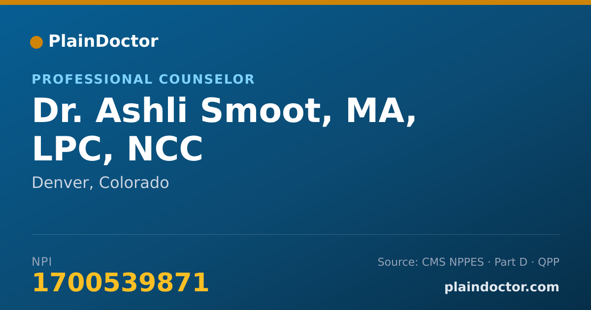 Shareable card for Ashli Smoot, MA, LPC, NCC - Professional Counselor, Denver, CO