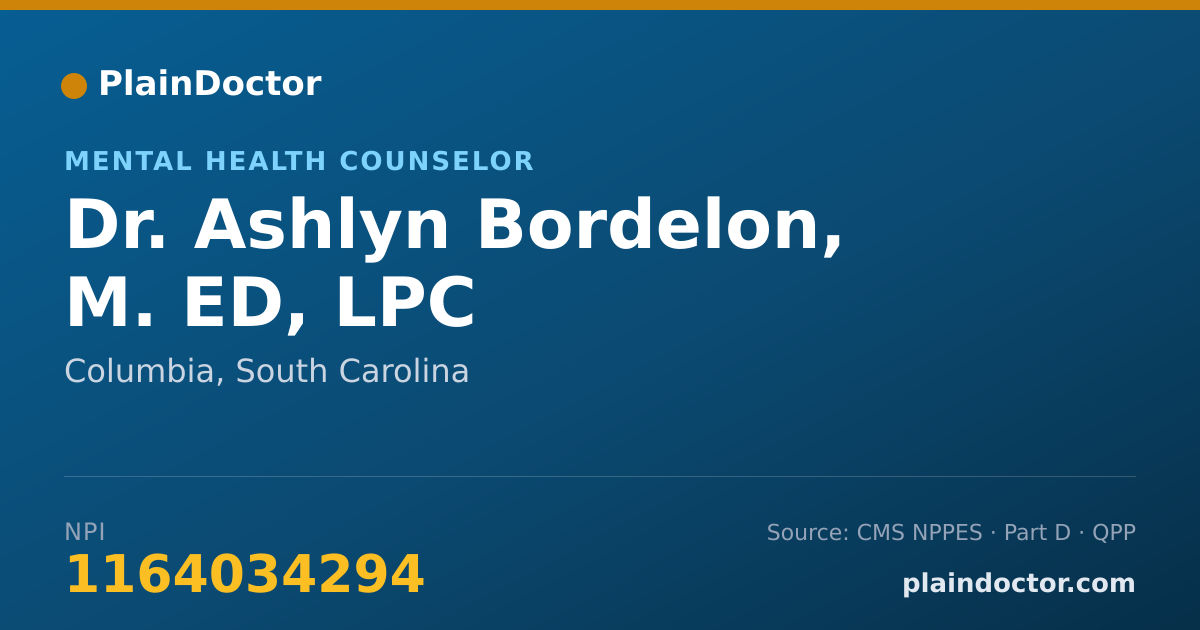 Shareable card for Ashlyn Bordelon, M. ED, LPC - Mental Health Counselor, Columbia, SC