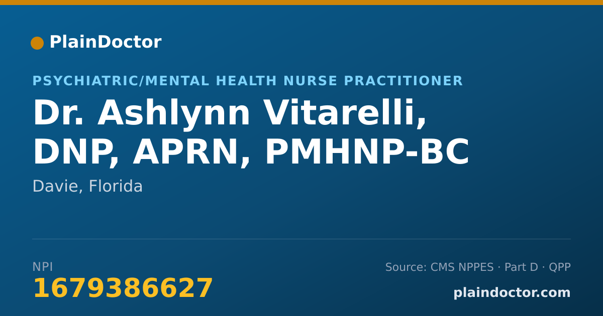 Shareable card for Ashlynn Vitarelli, DNP, APRN, PMHNP-BC - Psychiatric/Mental Health Nurse Practitioner, Davie, FL