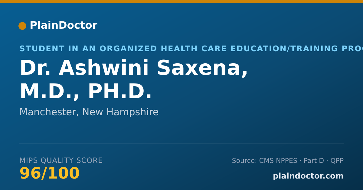 Shareable card for Ashwini Saxena, M.D., PH.D. - Student in an Organized Health Care Education/Training Program, Manchester, NH